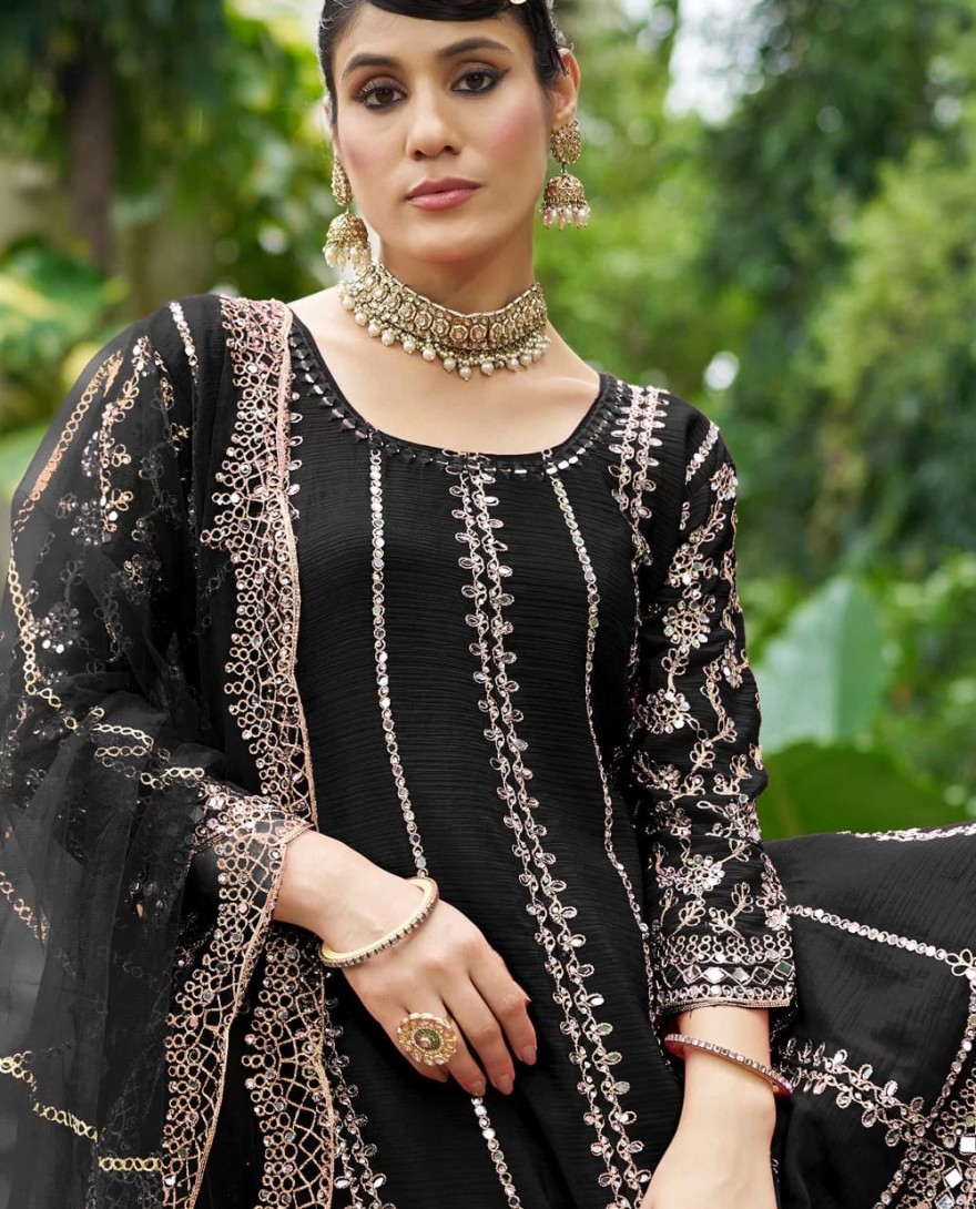 BLACK - Black Chinon Salwar Suit with Embroidered and Mirror Work for Ceremonial